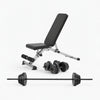 Weight bench with adjustable backrest and weight plates on a white background