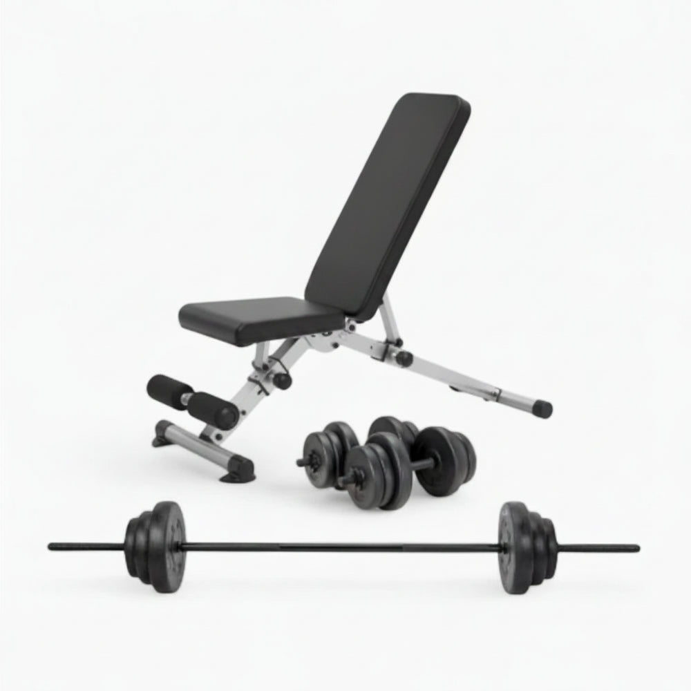 Weight bench with adjustable backrest and weight plates on a white background