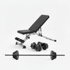 Weight bench with adjustable backrest and weight plates on a white background