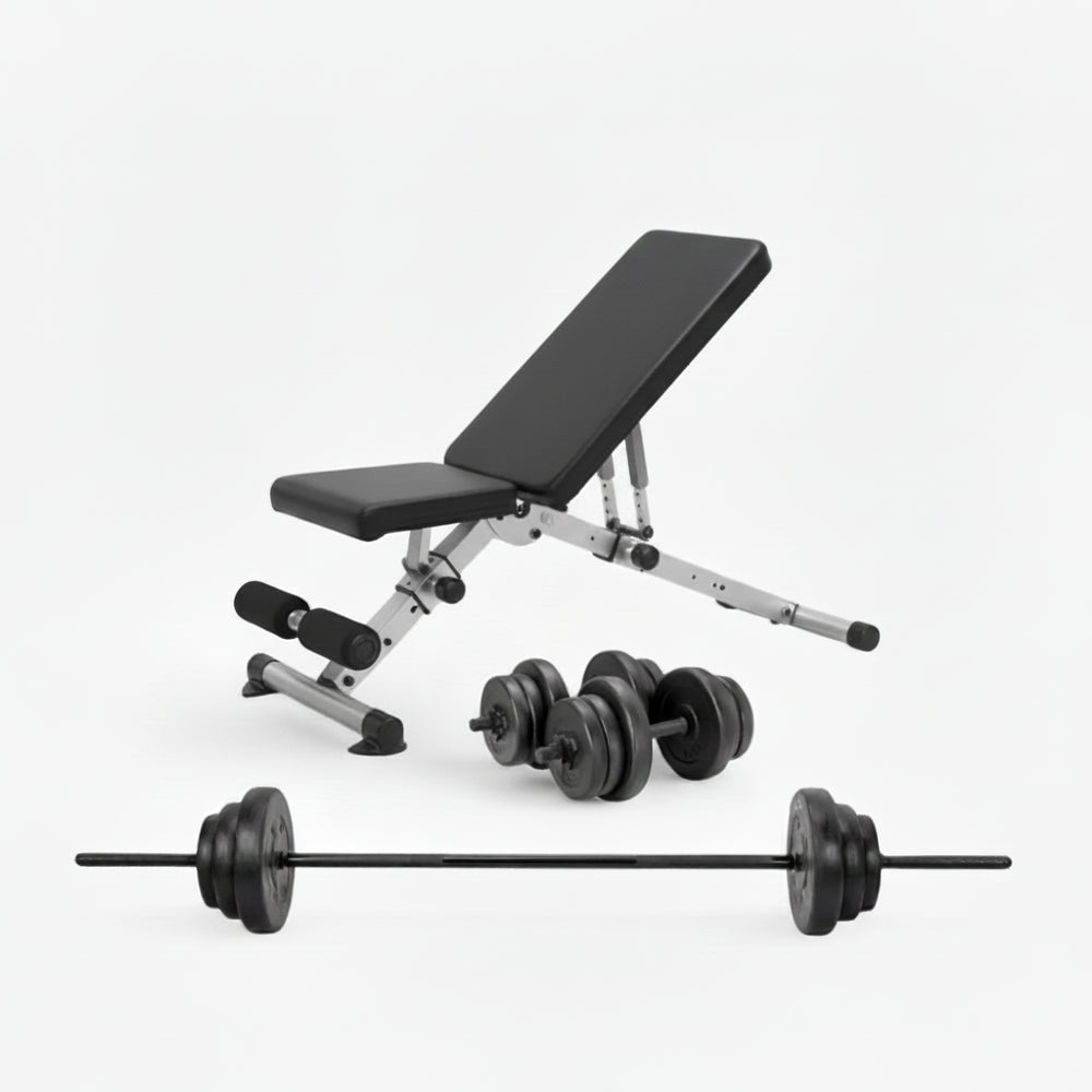 Weight bench with adjustable backrest and weight plates on a white background