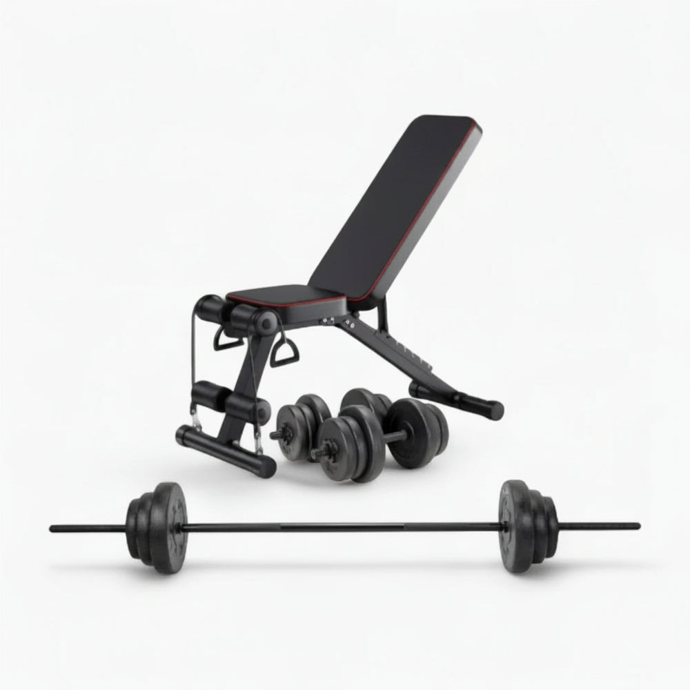 Weight bench with weights and barbell on a white background