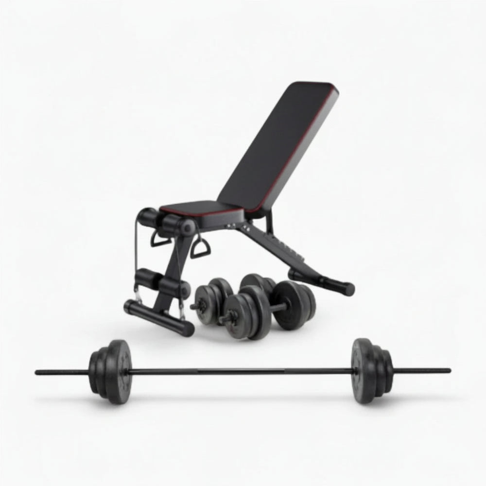 Weight bench with weights and barbell on a white background