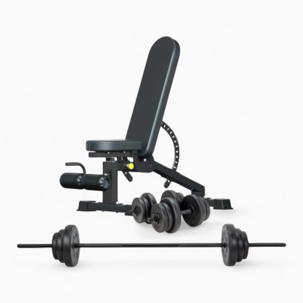 Weight bench with weight plates on a white background