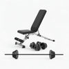Weight bench with adjustable backrest and weight plates on a white background