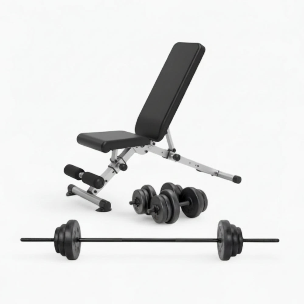 Weight bench with adjustable backrest and weight plates on a white background
