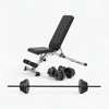Weight bench with adjustable backrest and weight plates on a white background