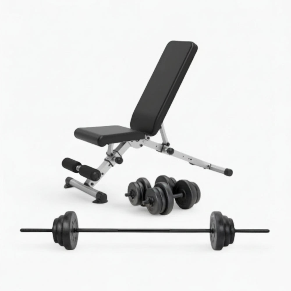 Weight bench with adjustable backrest and weight plates on a white background