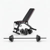 Weight bench with weights and barbell on a white background