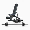 Weight bench with weight plates on a white background