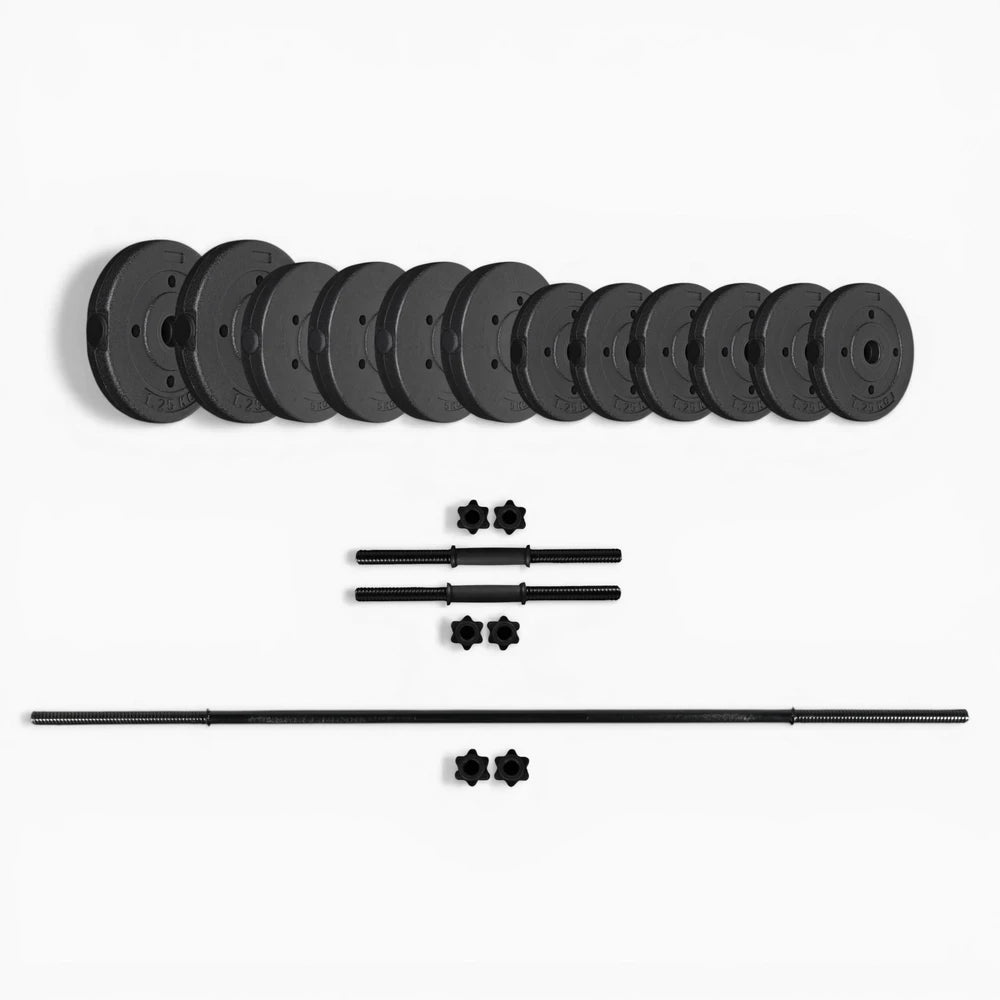 Set of black weight plates and barbell on a white background