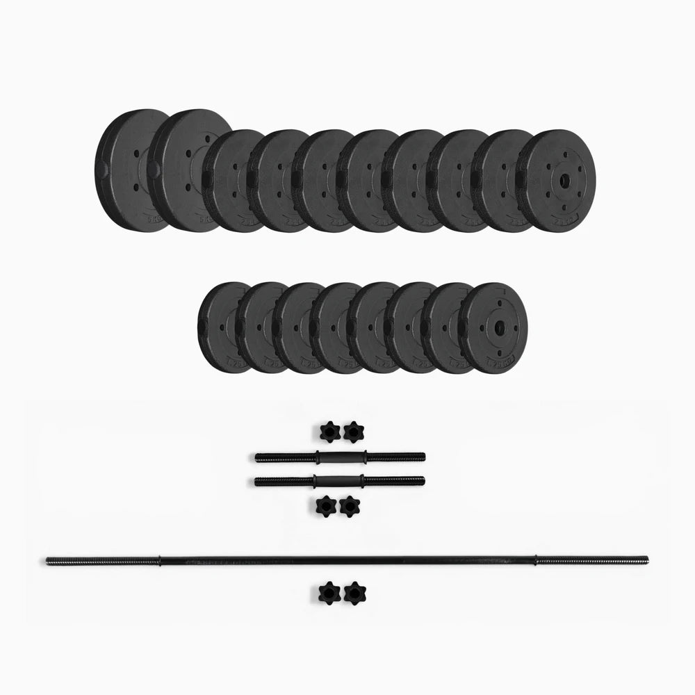 Set of black weight plates and bars on a white background
