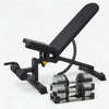 Black adjustable weight bench with dumbbells on a white background