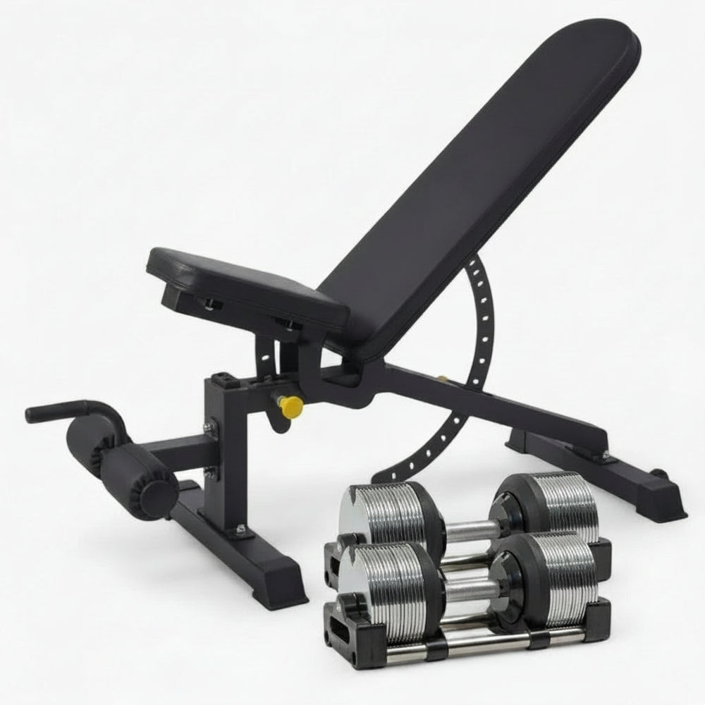 Black adjustable weight bench with dumbbells on a white background