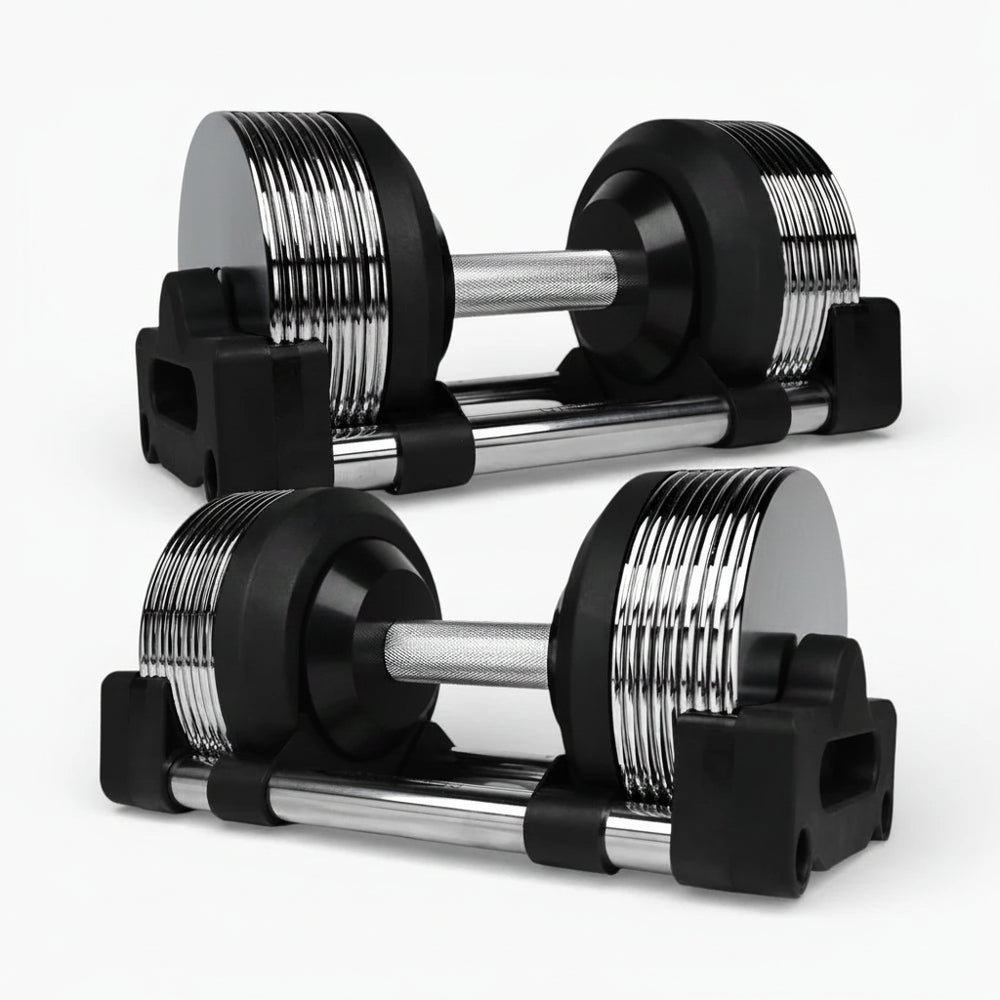 Pair of adjustable dumbbells on a white background