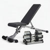 Black adjustable weight bench with weight plates on a white background