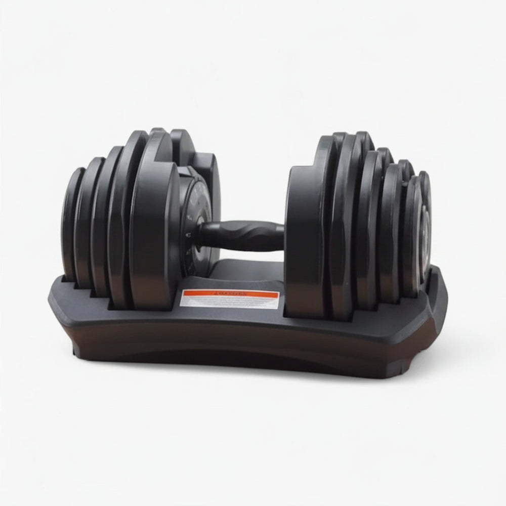 Pair of adjustable dumbbells on a white background