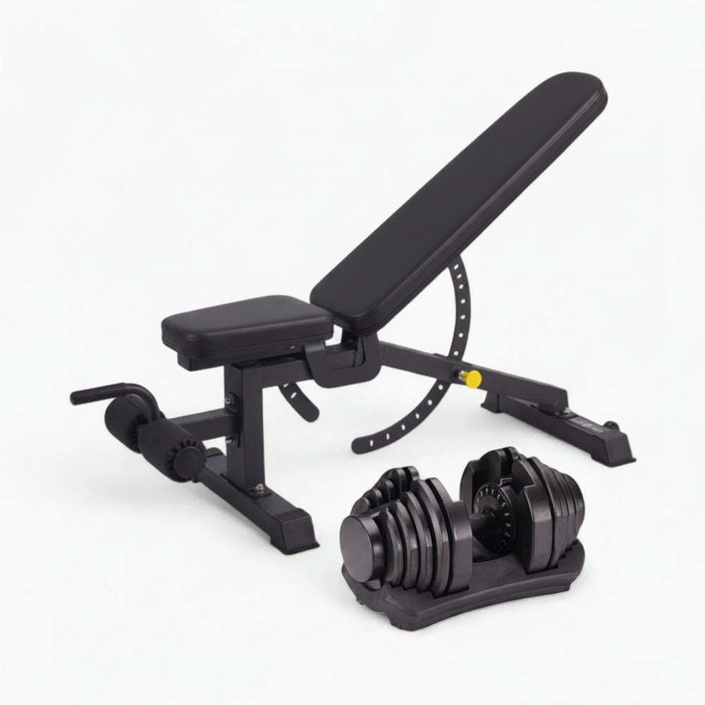 Black adjustable weight bench and dumbbells on a white background