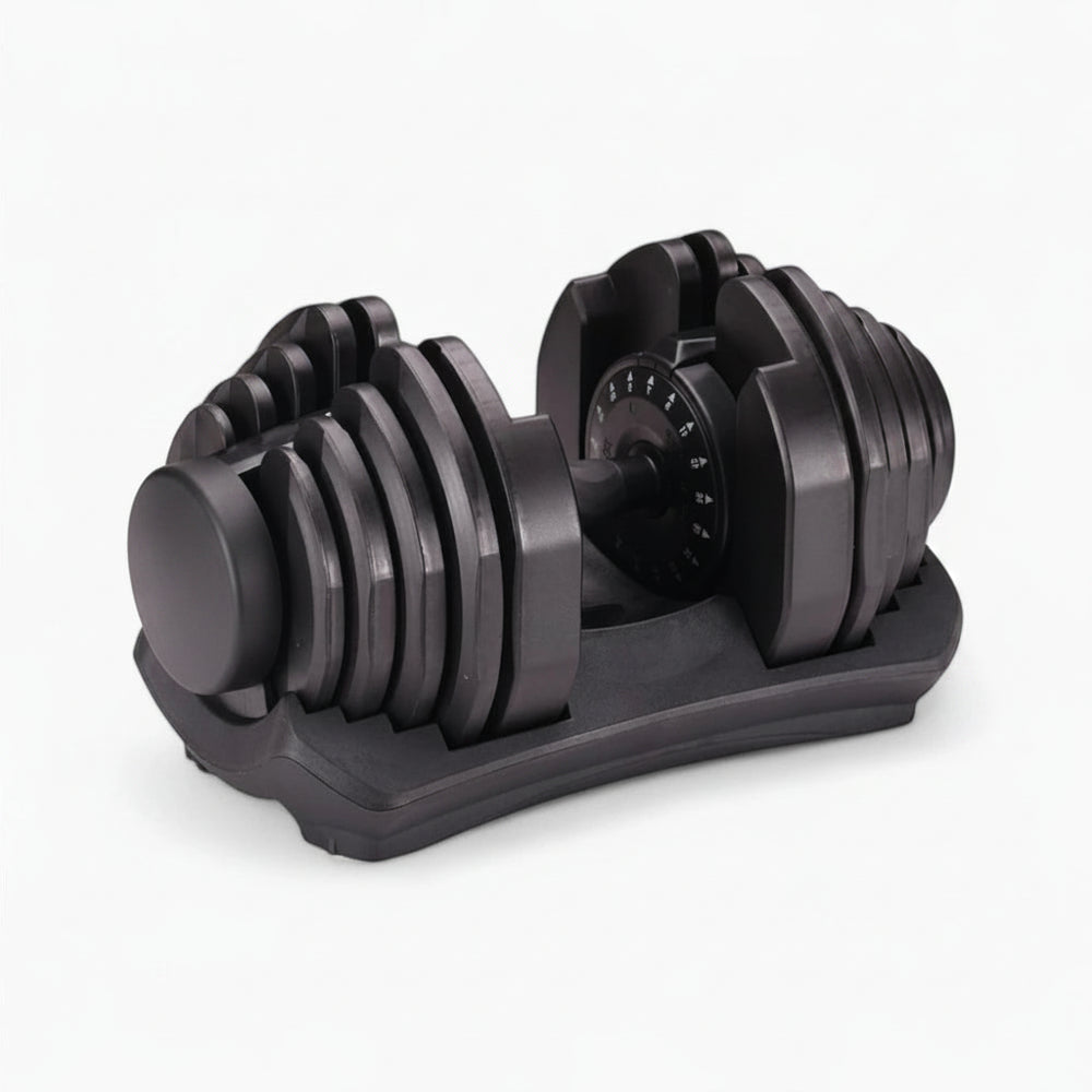 Pair of adjustable dumbbells on a white background