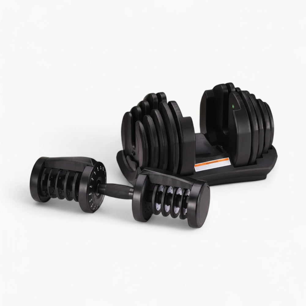 Pair of adjustable dumbbells on a white background