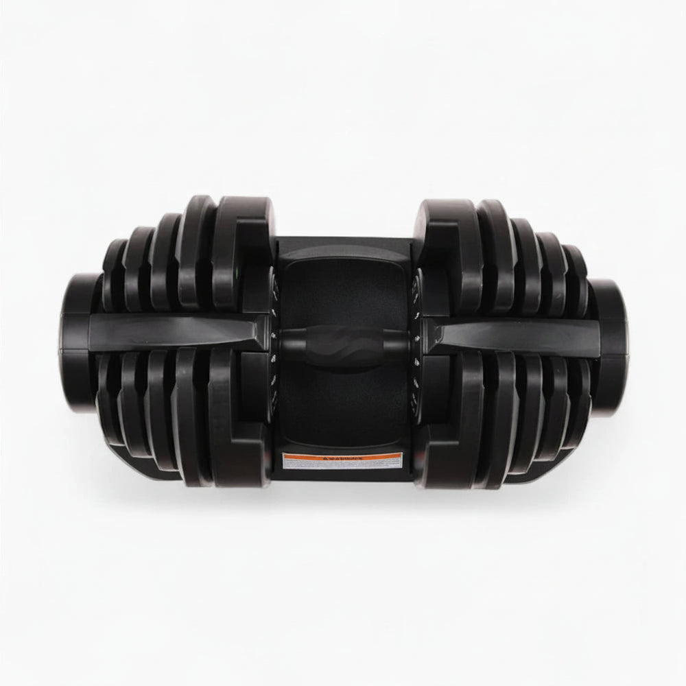 Black adjustable dumbbell on a white background