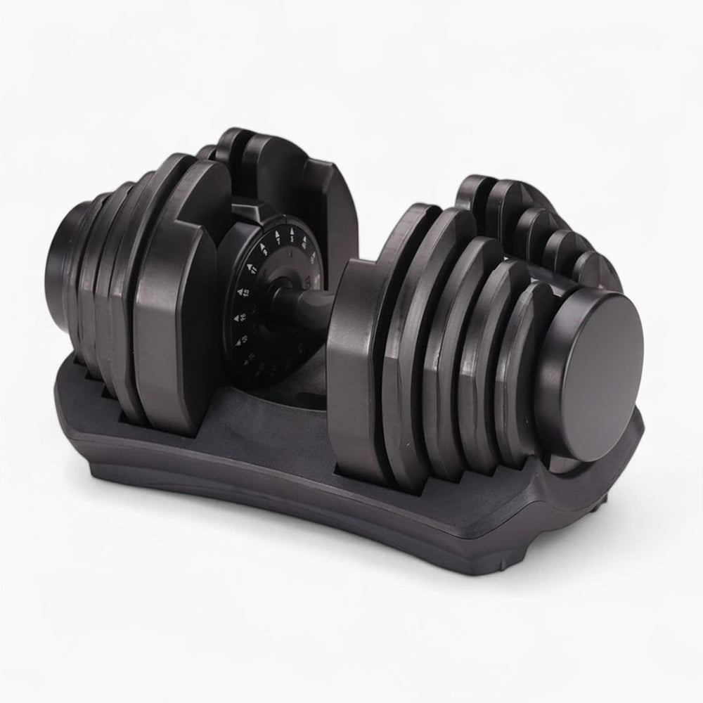 Pair of adjustable dumbbells on a white background