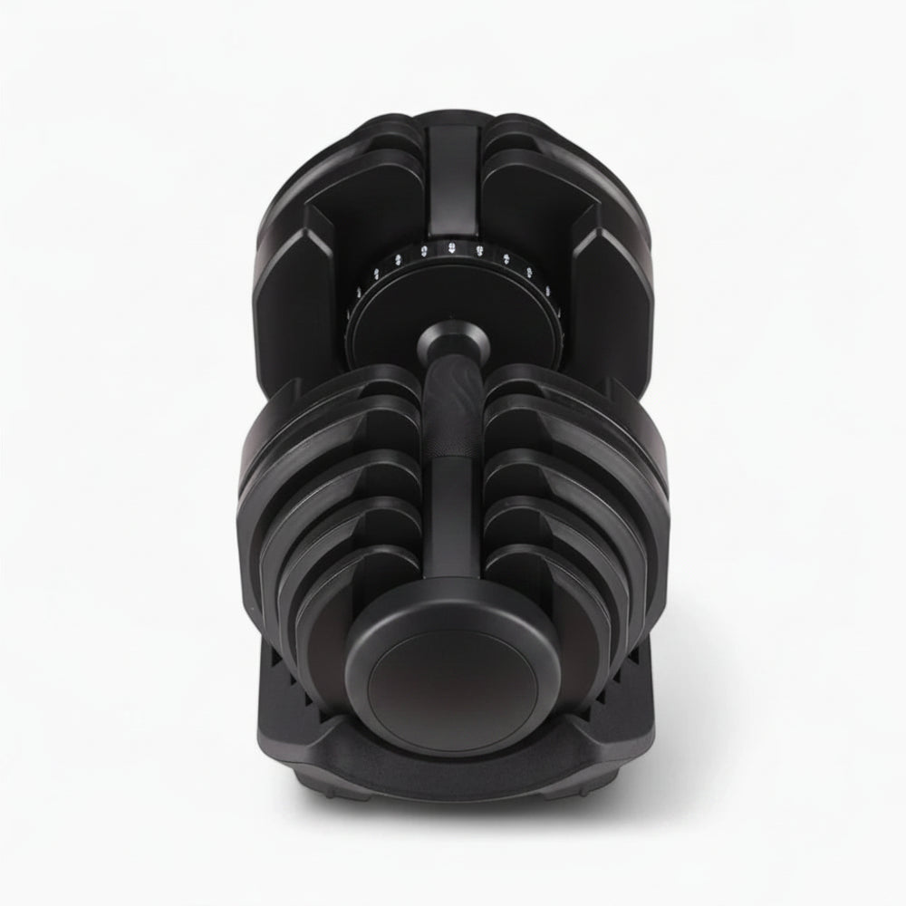 Pair of black adjustable dumbbells on a white background