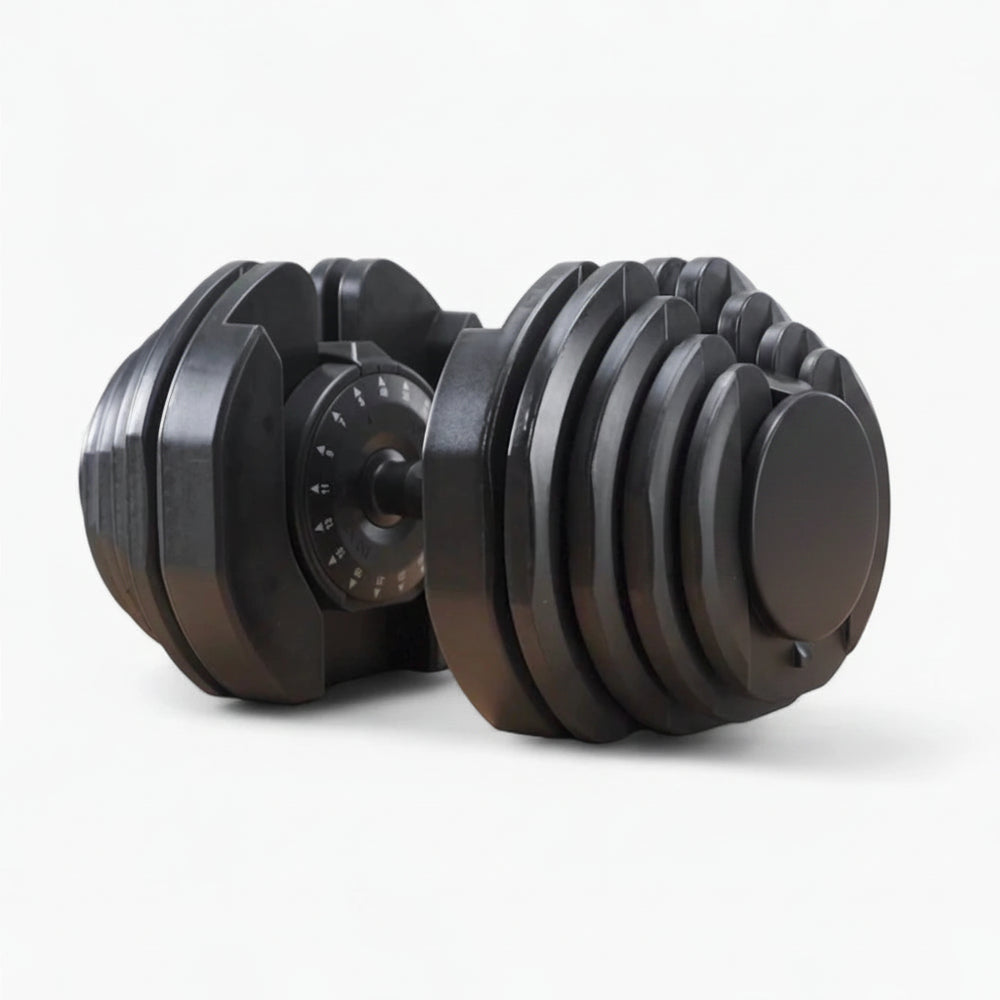 Pair of adjustable dumbbells on a white background