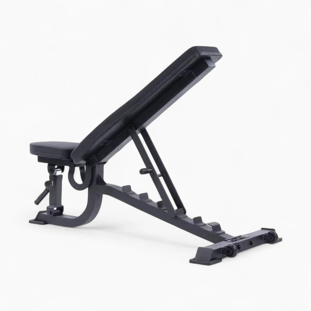 Black adjustable weight bench on a white background
