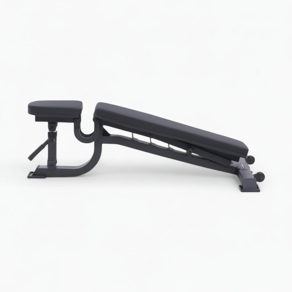 Black adjustable weight bench on a white background