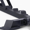 Close-up of a black metal bracket on a white background