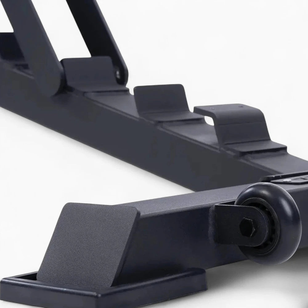 Close-up of a black metal bracket on a white background