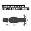 Diagram of a decline weight bench with dimensions labeled on a white background