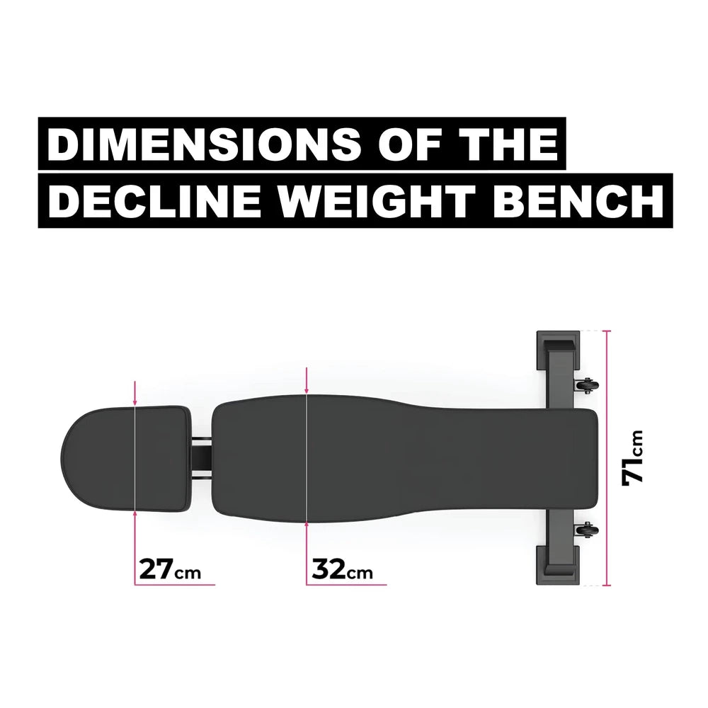 Diagram of a decline weight bench with dimensions labeled on a white background