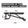 Dimensions of a decline weight bench on a white background