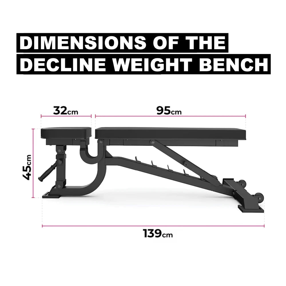 Dimensions of a decline weight bench on a white background