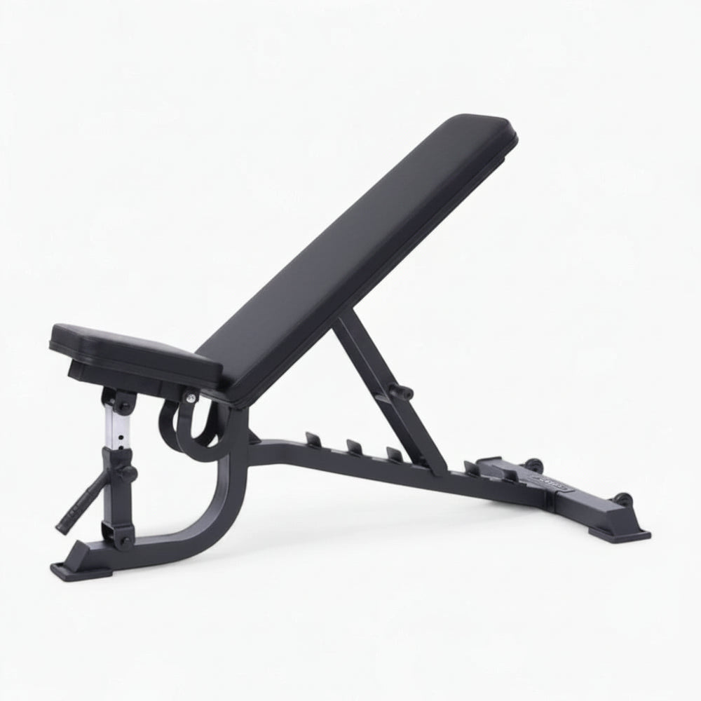 Black adjustable weight bench on a white background