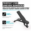Weight bench with text highlighting its stability on uneven surfaces