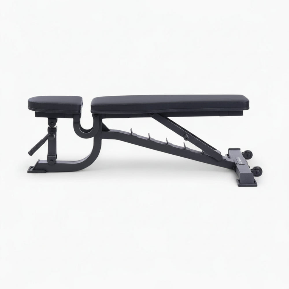 Black adjustable weight bench on a white background