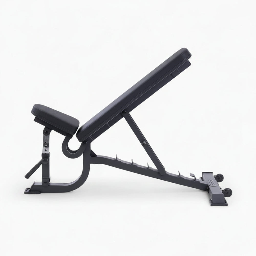 Black adjustable weight bench on a white background