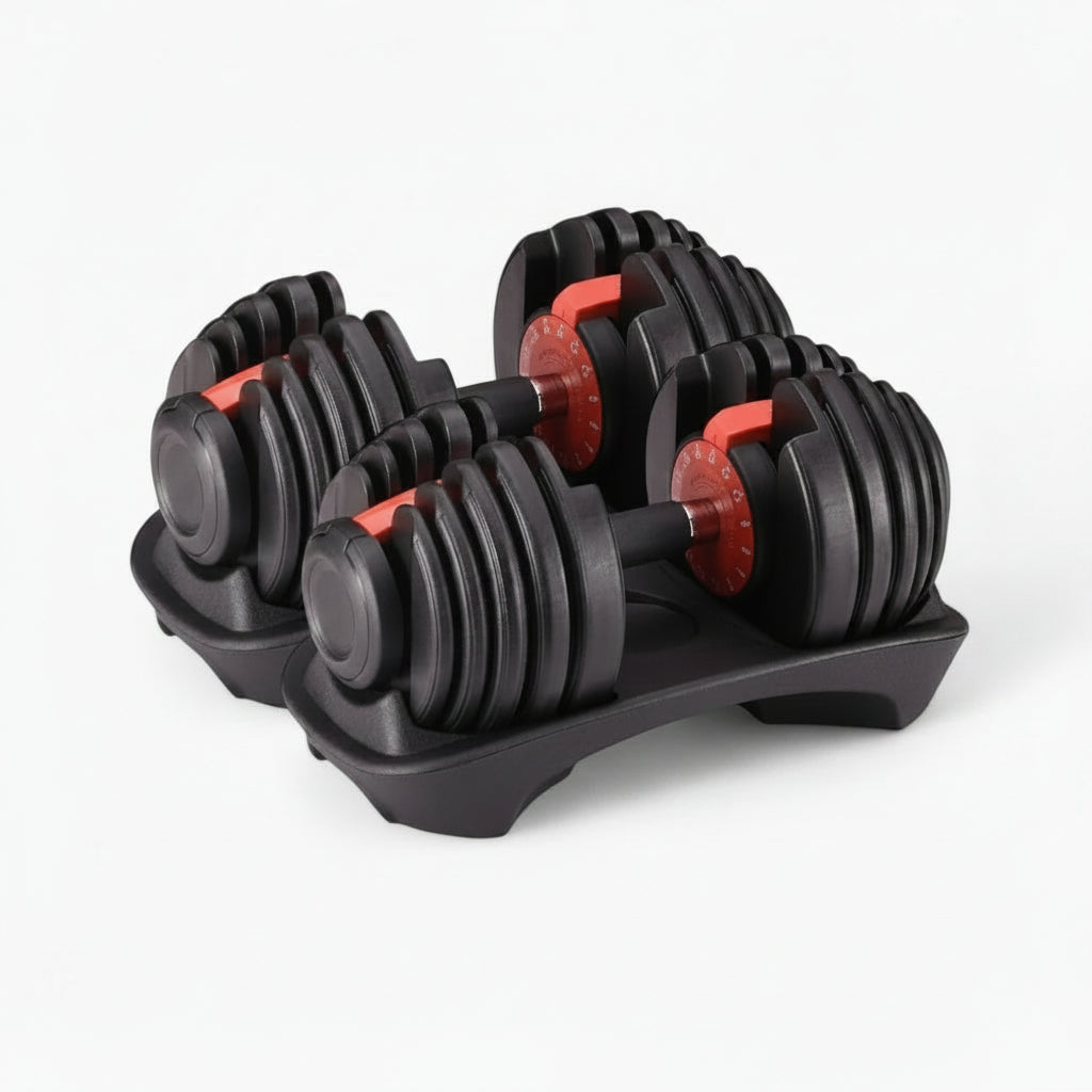 Set of adjustable dumbbells on a white background