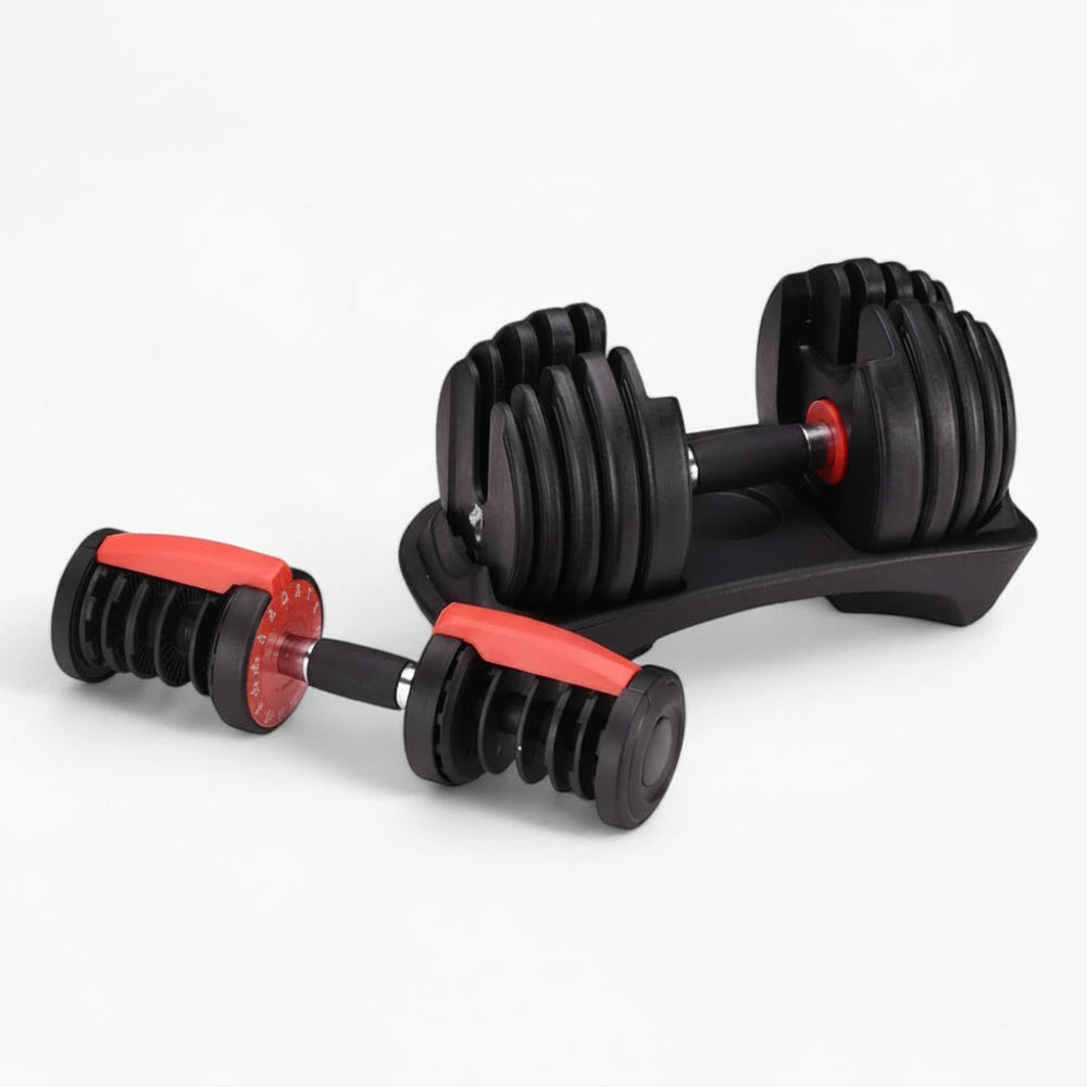 Pair of adjustable dumbbells on a white background