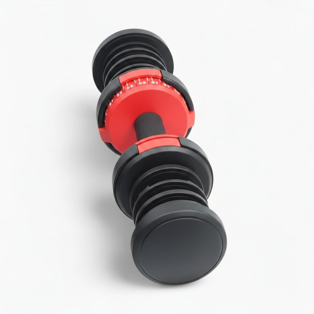 Pair of adjustable dumbbells with redcales on a white background