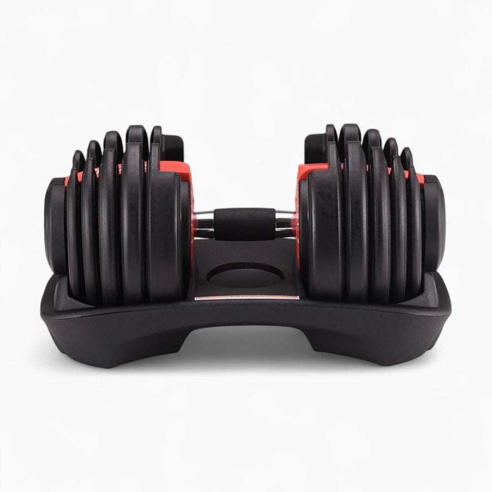 Pair of adjustable dumbbells on a white background