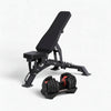 Black adjustable weight bench and dumbbells on a white background
