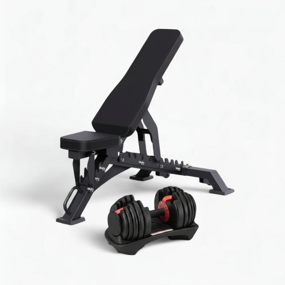 Black adjustable weight bench and dumbbells on a white background
