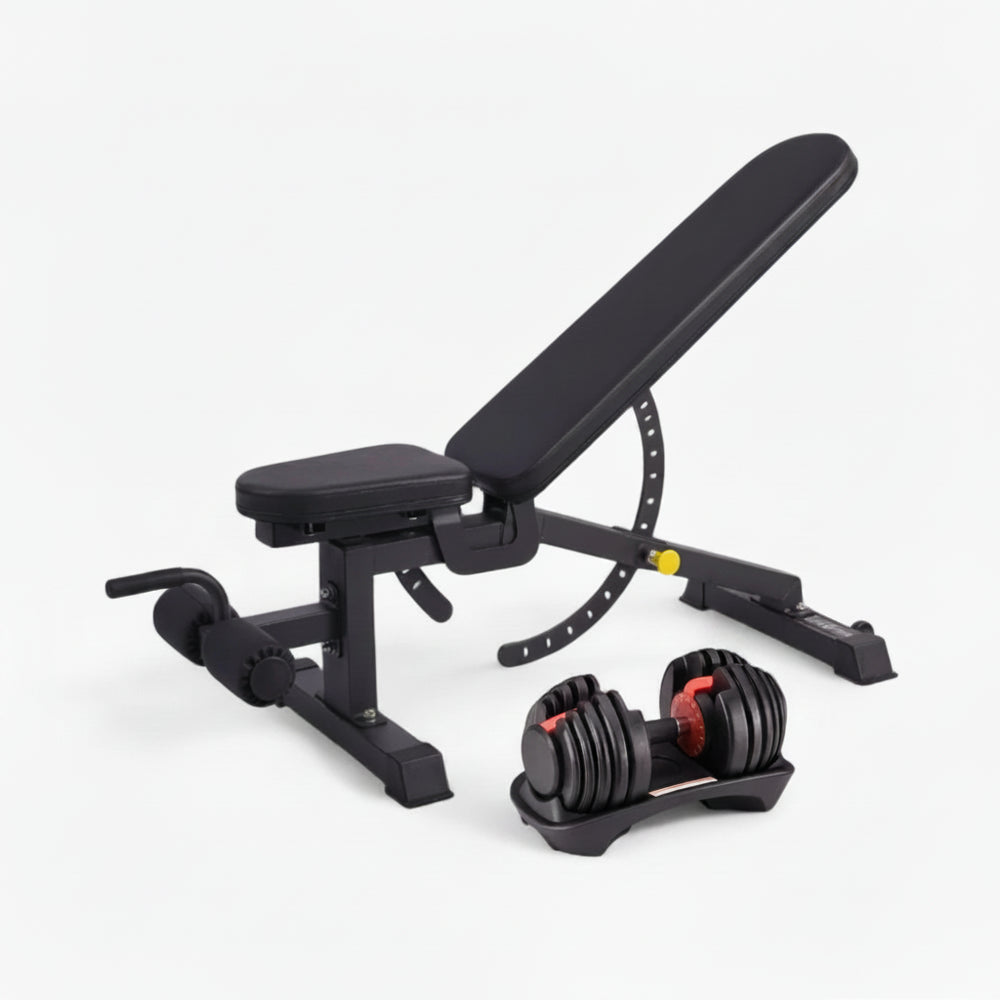 Black adjustable weight bench with dumbbells on a white background
