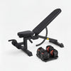 Black adjustable weight bench with a pair of adjustable dumbbells on a white background