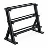 A black metal multi-tier shoe rack with three levels, shown standing on a dark floor against a white background