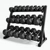 3 Tier dumbbell rack with hex dumbbell weights on a white background 