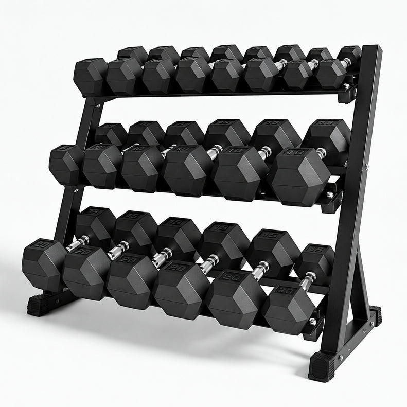 3 Tier dumbbell rack with hex dumbbell weights on a white background 